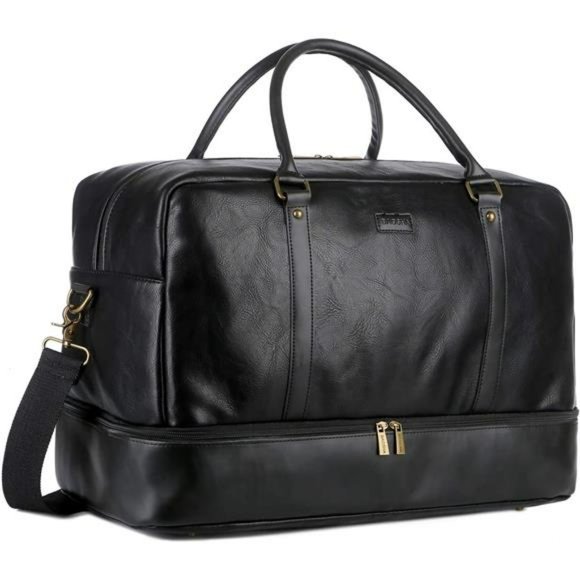 Leather Large Travel Duffel Tote Bag Carry On With Shoe Compartment(Black)